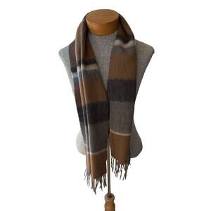 Nordstrom Scarf Brown Black White Plaid Cashmere Fringe-Made in West Germany VTG